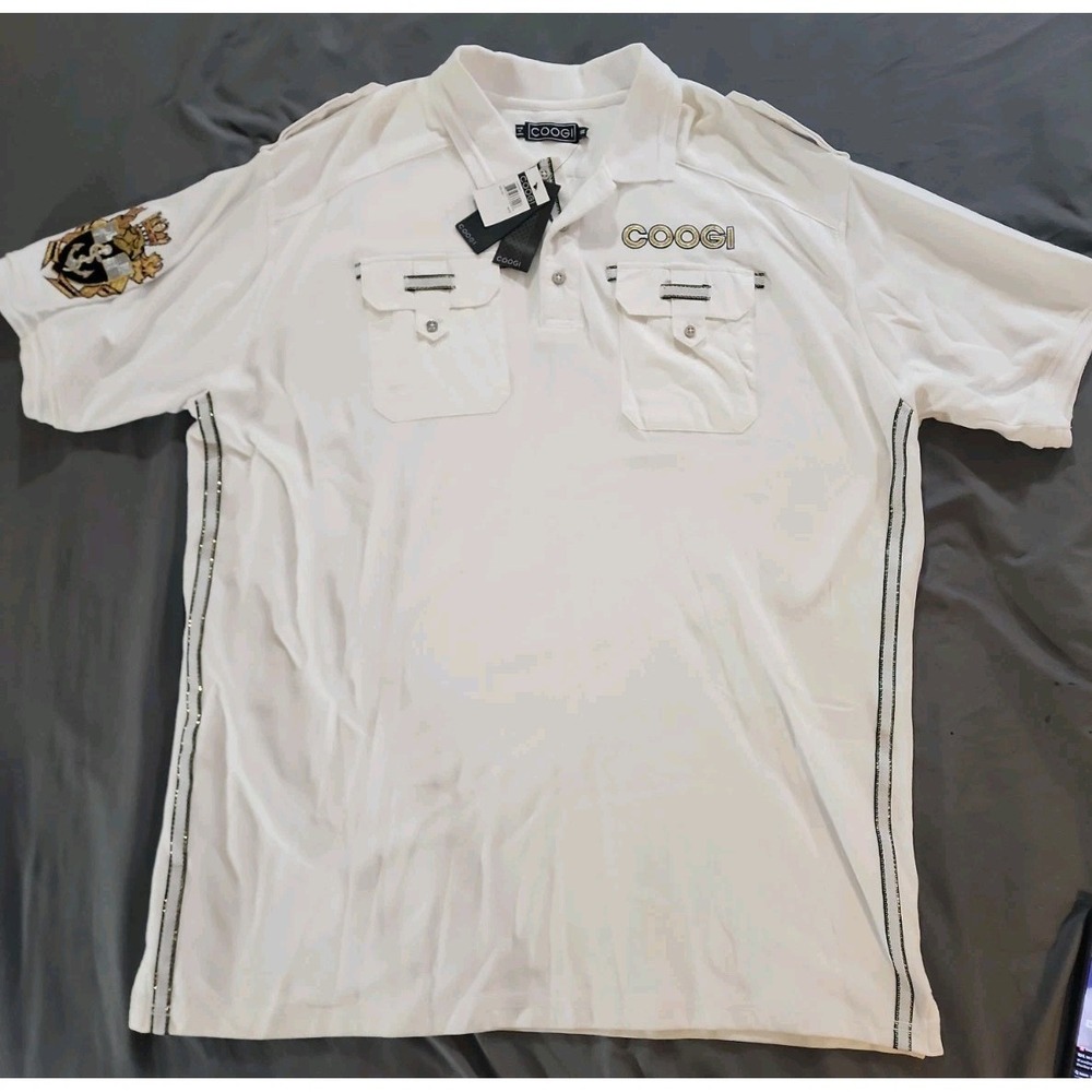 NWT COOGI Men's White Utility Polo Shirt Embroidered Crest Y2K Hip Hop 3XL